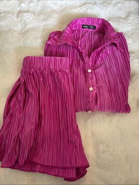 SHEIN Hot Pink Pleated Button-Down Top & Short Set
